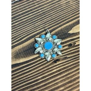 Vintage Bell Nickel Silver Faux Turquoise Flower Medallion Pendant Southwest